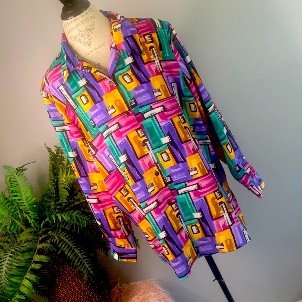 Vintage Modern Essentials Woman 18W Colorful Button Up Blouse w/ Shoulder Pads